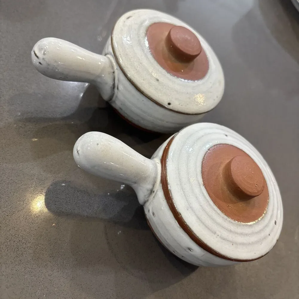 Set 2 Clay Pottery Covered Bean Pot Soup Bowl Crock Glazed Set 2 W Lids